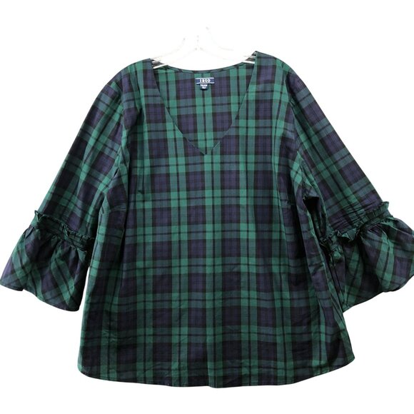 Izod Plaid Blouse Womens XXL Black Watch Bell Sleeve V-Neck Top Cotton Poplin - Picture 1 of 10